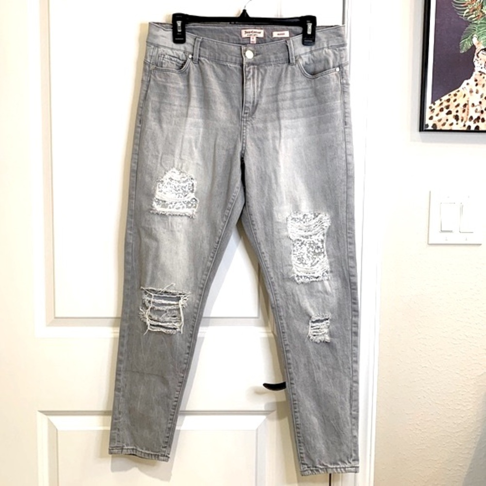 Juicy Couture Gray Distressed Sequin Skinny Jeans Size 12